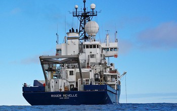 R/V Roger Revelle sets sail on the Pacific Ocean.